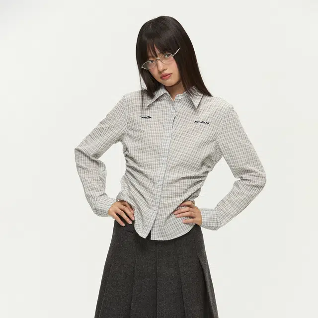 江南先生 美式复古文艺风绣花长短款格纹衬衣秋季情侣休闲长袖衬衫 男女同款