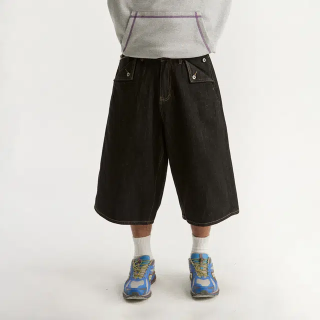 江南先生 城市接力赛 美式挺阔撞色斜纹七分阔腿裤子秋百搭休闲宽松牛仔短裤 男女同款