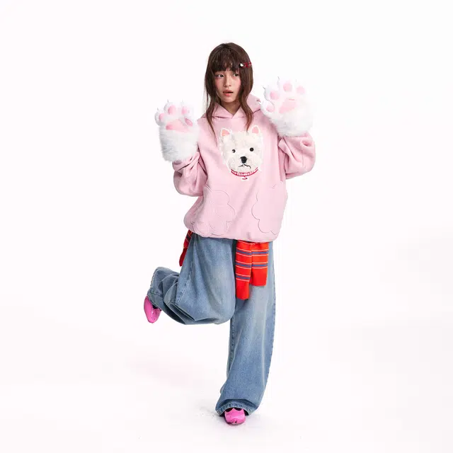 江南先生 可爱狗爪连帽宽松舒适休闲室内情侣卫衣 男女同款