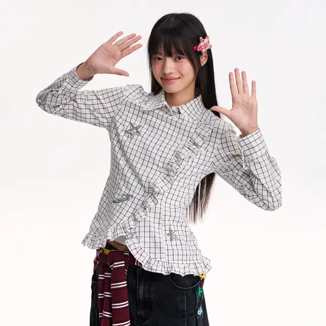 江南先生 复古英伦风双色格纹珠片绣秋季时尚格子宽松休闲衬衣衬衫 男女同款