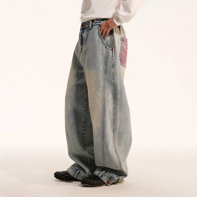 江南先生 流浪者之歌 水洗天然松石点缀倒置腰头设计秋阔腿刺绣长裤百搭休闲牛仔裤 男女同款