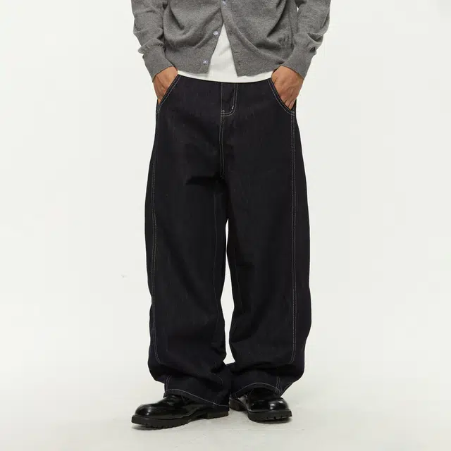 江南先生 挺阔重磅分割爱心绣花斜纹牛仔裤秋季宽松休闲裤 男女同款