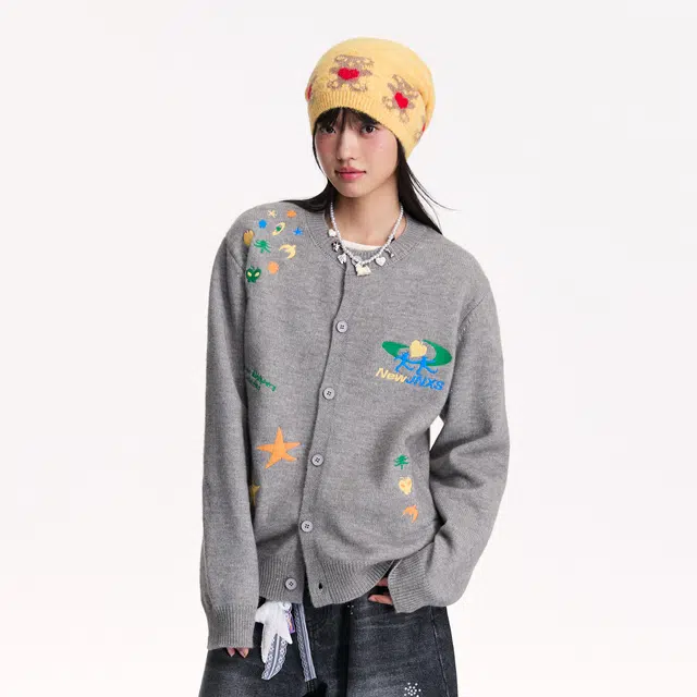 江南先生 公园私奔计划趣味重工立体刺绣宽松舒适开衫情侣秋扣子毛衣 男女同款