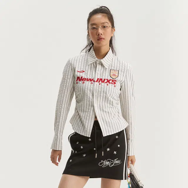 江南先生 城市接力赛 美式复古泡泡肌理条纹运动风校园秋情侣休闲上衣长袖衬衫 男女同款