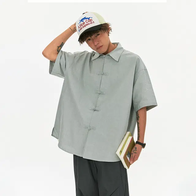 江南先生 复古新中式盘扣纯棉短袖男女夏季纯色休闲宽松情侣外套衬衫 男女同款