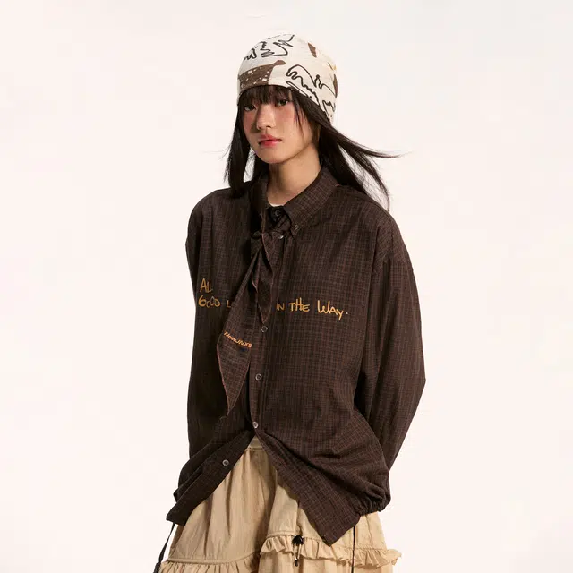 江南先生 流浪者之歌 复古风可拆卸领巾格纹可调节格子外套宽松常规长袖衬衫 男女同款