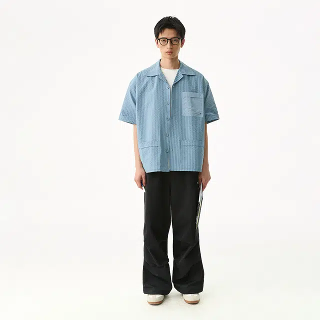 江南先生 野生无限户外刺绣口袋短袖宽松衬衣衬衫 男女同款