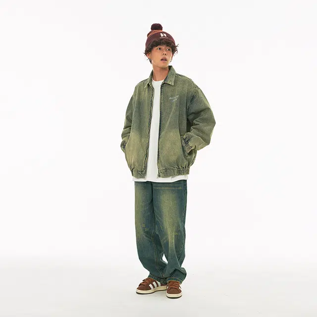 江南先生 美式复古刺绣水洗做旧牛仔外套 男女同款 牛仔蓝