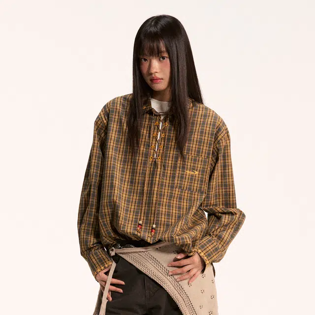 江南先生 流浪者之歌 纯棉格纹领口绑绳设计撞色刺绣宽松衬衣秋季长袖衬衫 男女同款