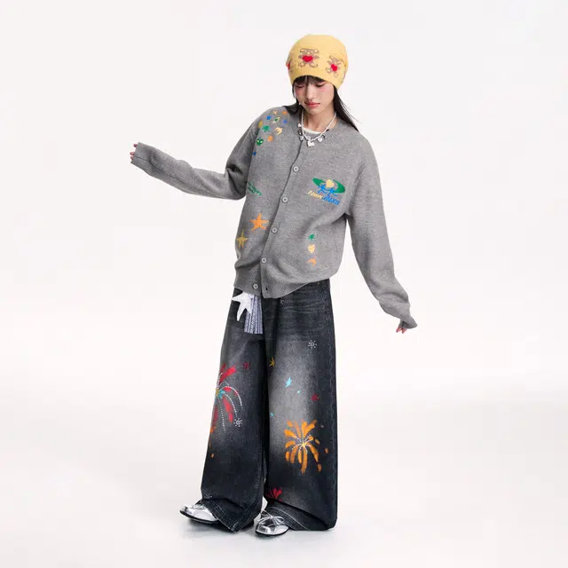 江南先生 公园私奔计划趣味重工立体刺绣宽松舒适开衫情侣秋扣子毛衣 男女同款