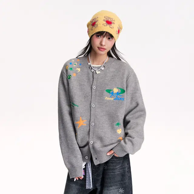 江南先生 公园私奔计划趣味重工立体刺绣宽松舒适开衫情侣秋扣子毛衣 男女同款