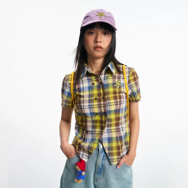 江南先生 美式复古风纯棉格子针织旋涡海星造型绣花胸前口袋百搭宽松多彩格纹衬衫 男女同款