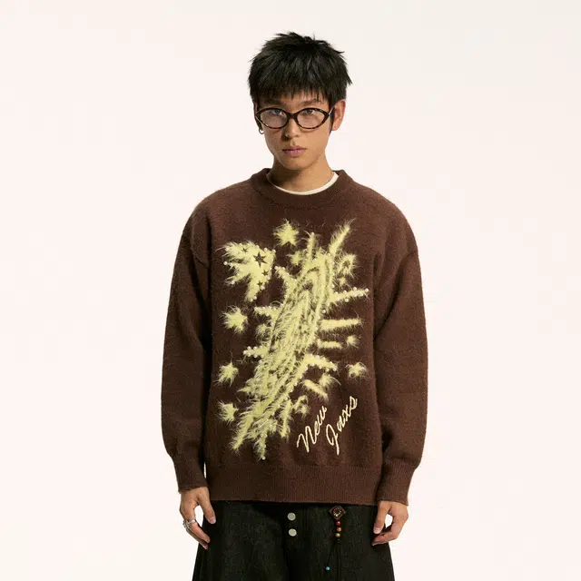 江南先生 流浪者之歌 慵懒感柔软舒适圆领仿貂毛提花钉珠宽松外穿百搭秋毛衣 男女同款