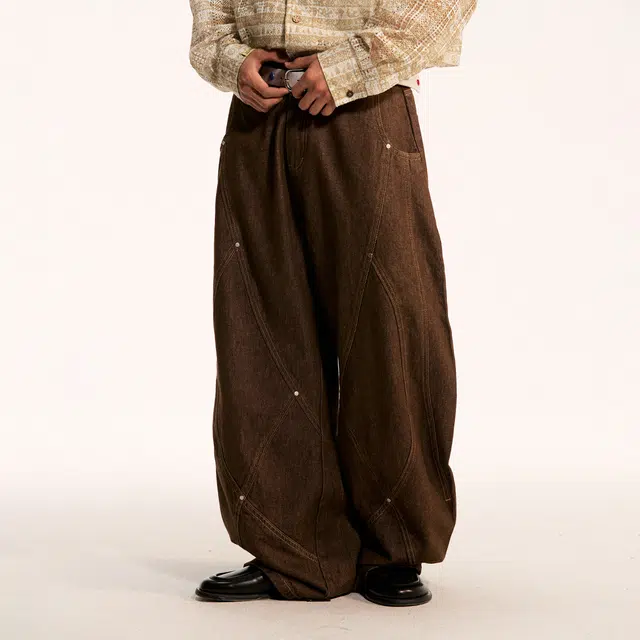 江南先生 流浪者之歌 美式高街风阔腿百搭街头水洗线条感多线分割撞钉宽松休闲牛仔裤 男女同款