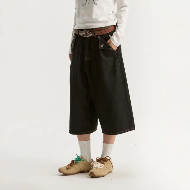 江南先生 城市接力赛 美式挺阔撞色斜纹七分阔腿裤子秋百搭休闲宽松牛仔短裤 男女同款