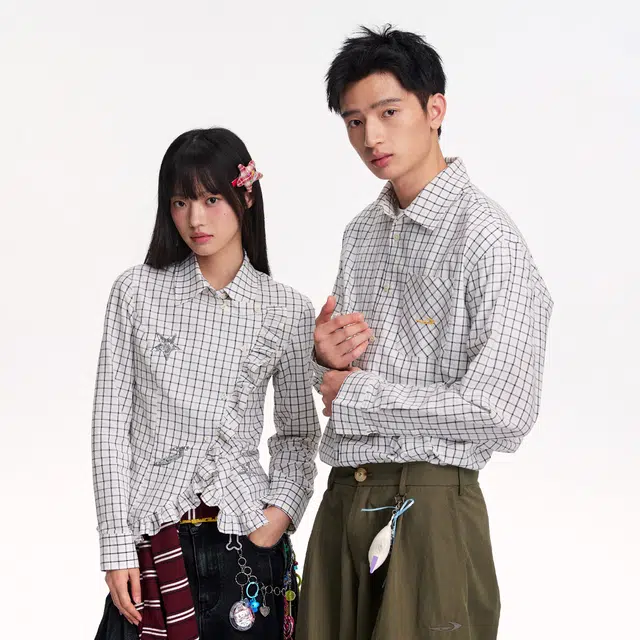 江南先生 复古英伦风双色格纹珠片绣秋季时尚格子宽松休闲衬衣衬衫 男女同款