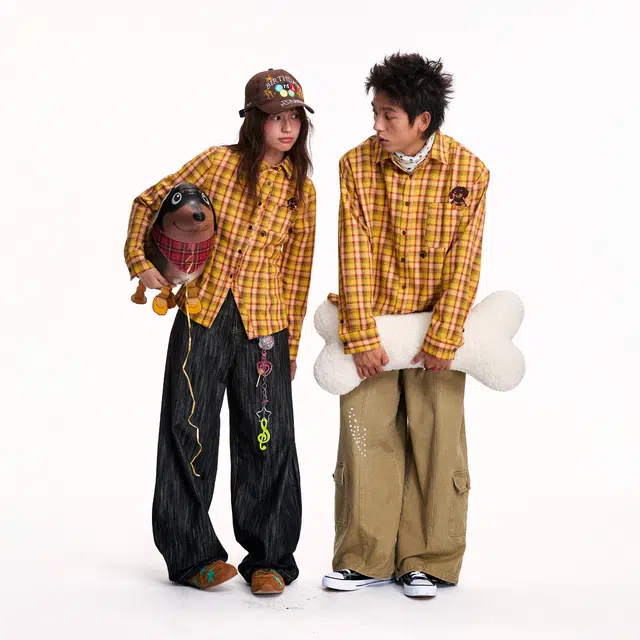 江南先生 日系复古腊肠狗刺绣条纹秋不对称斜门襟休闲百搭外套长袖衬衫 男女同款