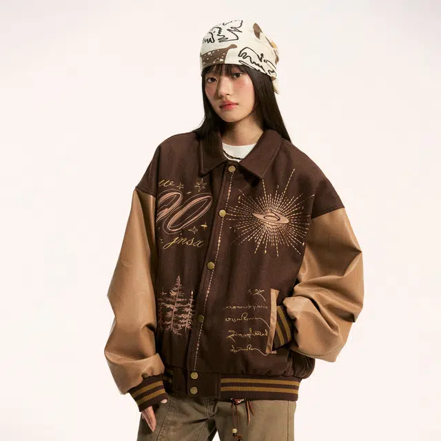 江南先生 流浪者之歌 复古学院风撞色刺绣常规宽松型百搭休闲棒球服外套夹克 男女同款