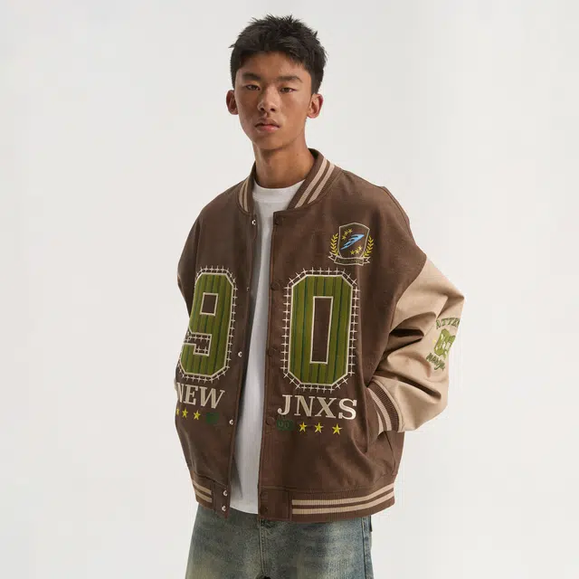 江南先生 城市接力赛 鳄鱼纹贴布绣美式复古棒球服秋宽松百搭休闲长袖外套夹克 男女同款