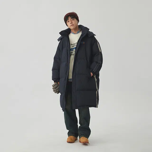江南先生 美式复古防泼水侧边条纹连帽长款羽绒服 男女同款