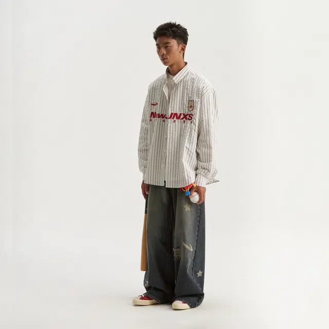 江南先生 城市接力赛 美式复古泡泡肌理条纹运动风校园秋情侣休闲上衣长袖衬衫 男女同款