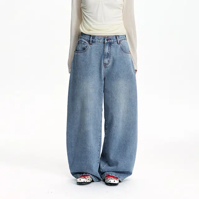 江南先生 复古重磅斜纹撞色口袋印绣花弯刀宽松百搭街头校园休闲裤子牛仔裤 男女同款