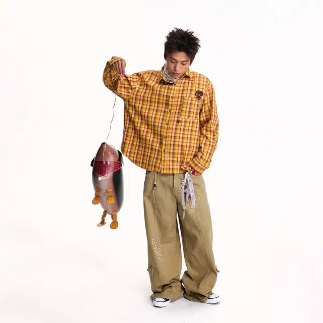 江南先生 日系复古腊肠狗刺绣条纹秋不对称斜门襟休闲百搭外套长袖衬衫 男女同款