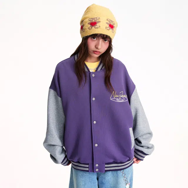 江南先生 美式复古牛奶丝柔软烫金星星棒球服秋季宽松校园日常休闲外套夹克 男女同款