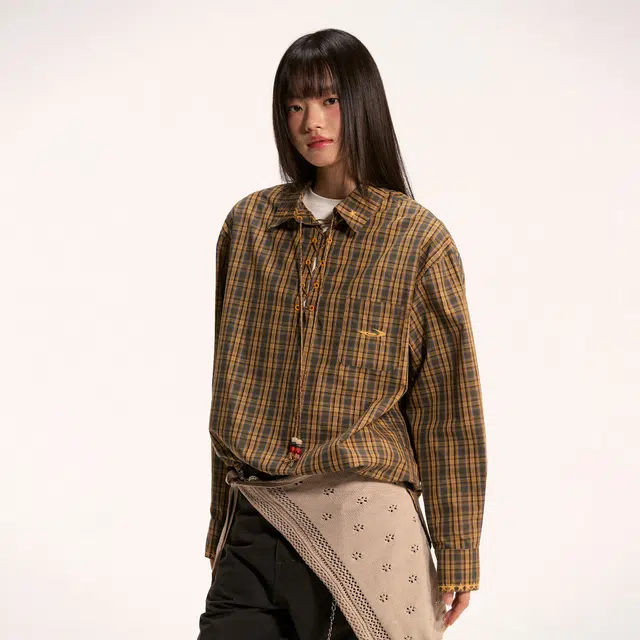 江南先生 流浪者之歌 纯棉格纹领口绑绳设计撞色刺绣宽松衬衣秋季长袖衬衫 男女同款