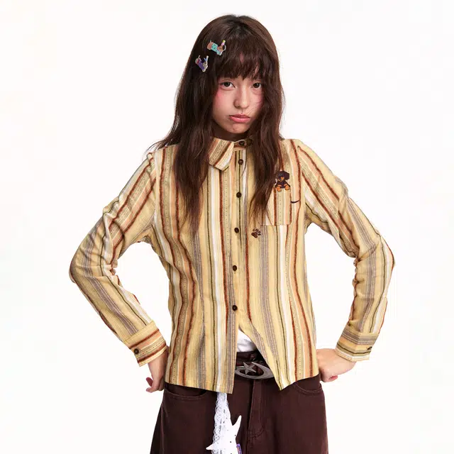 江南先生 日系复古腊肠狗刺绣条纹不对称斜门襟休闲百搭外套收腰长袖衬衫 男女同款