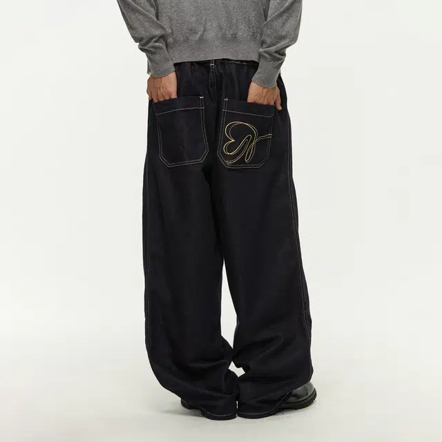 江南先生 挺阔重磅分割爱心绣花斜纹牛仔裤秋季宽松休闲裤 男女同款