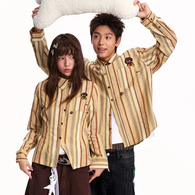 江南先生 日系复古腊肠狗刺绣条纹不对称斜门襟休闲百搭外套收腰长袖衬衫 男女同款