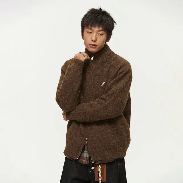 江南先生 纯色保暖锁温素色刺绣开衫外套宽松休闲百搭舒适柔软针织衫毛衣 男女同款