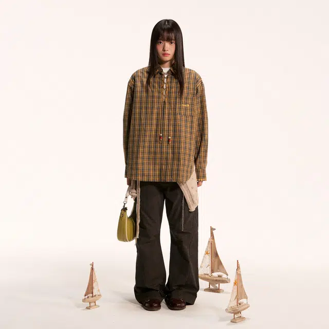 江南先生 流浪者之歌 纯棉格纹领口绑绳设计撞色刺绣宽松衬衣秋季长袖衬衫 男女同款
