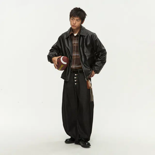 江南先生 美式复古撞色磁吸调节秋宽松百搭休闲长裤子弯刀裤牛仔裤 男女同款