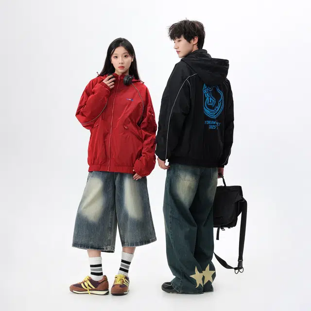 江南先生 线条拼接可拆帽休闲外套夹克 男女同款