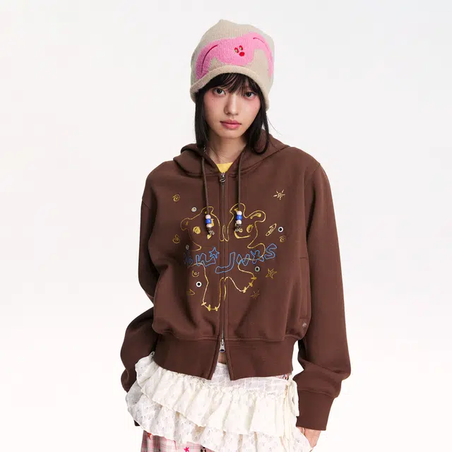 江南先生 复古卡通街头烫银烫金立体绣可爱小熊图案短款秋季外套女卫衣 男女同款