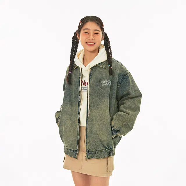 江南先生 美式复古刺绣水洗做旧牛仔外套 男女同款 牛仔蓝