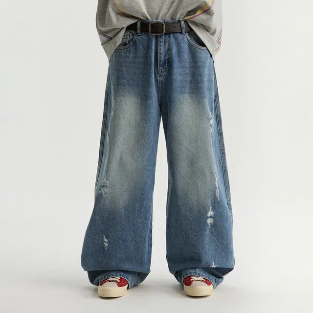 江南先生 城市接力赛 美式重磅水洗磨损斜纹秋休闲百搭做旧宽松直筒垂感长裤牛仔裤 男女同款