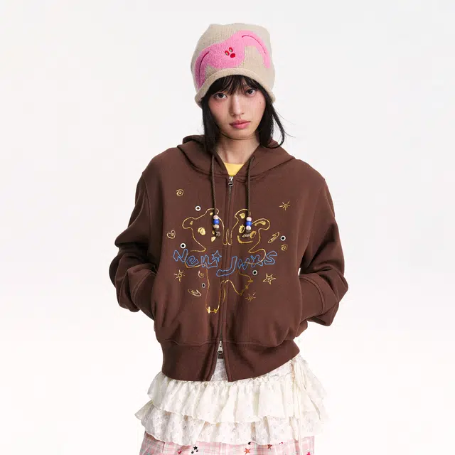 江南先生 复古卡通街头烫银烫金立体绣可爱小熊图案短款秋季外套女卫衣 男女同款