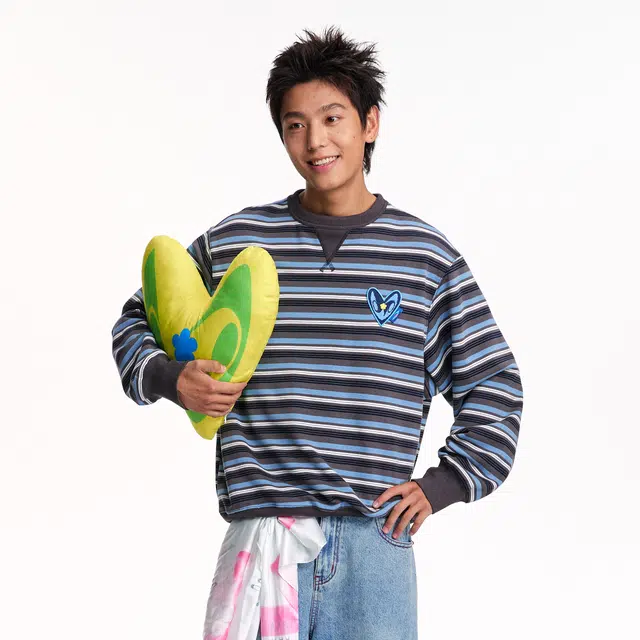 江南先生 公园私奔计划条纹爱心标刺绣三角领子宽松百搭舒适秋冬情侣外套卫衣 男女同款