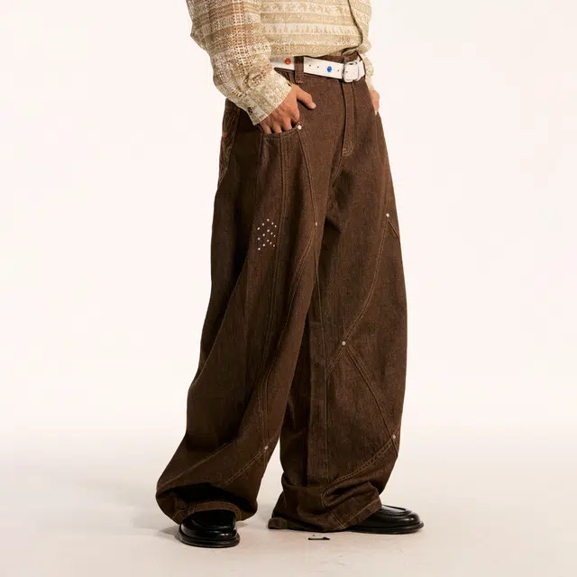 江南先生 流浪者之歌 美式高街风阔腿百搭街头水洗线条感多线分割撞钉宽松休闲牛仔裤 男女同款