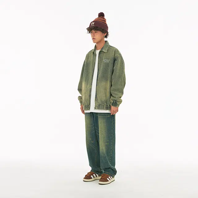 江南先生 美式复古刺绣水洗做旧牛仔外套 男女同款 牛仔蓝