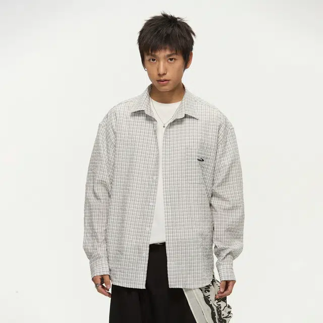 江南先生 美式复古文艺风绣花长短款格纹衬衣秋季情侣休闲长袖衬衫 男女同款