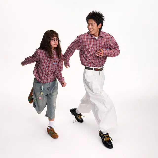 江南先生 美式复古格纹拼接立体绣花外套舒适百搭休闲长袖秋情侣款衬衣衬衫 男女同款