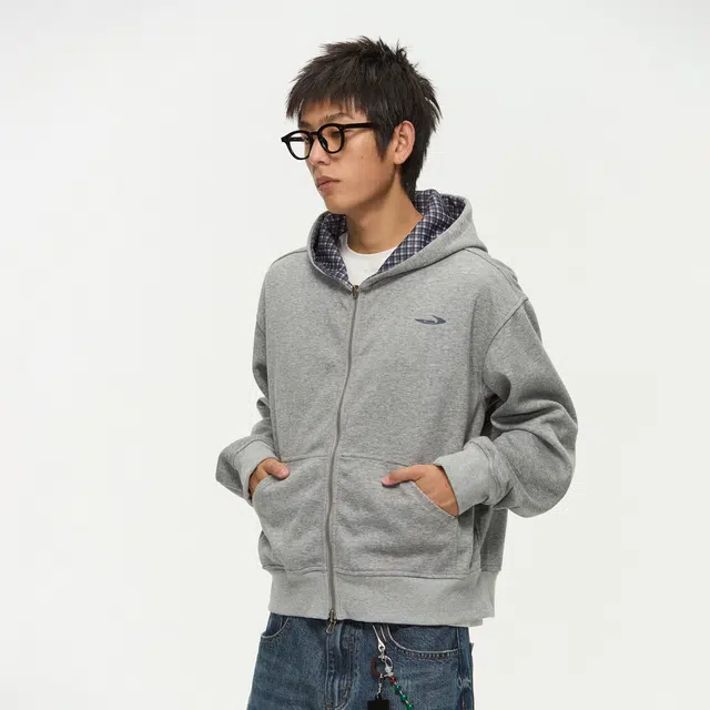 江南先生 美式复古丝网印花格纹格子连帽秋休闲百搭开衫双面外套卫衣 男女同款