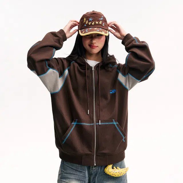 江南先生 大小孩乐园 基础款百搭通勤日常恒温暖皮哈苏线撞色连帽开衫秋宽松休闲外套卫衣 男女同款