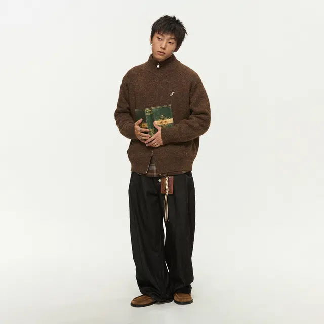 江南先生 纯色保暖锁温素色刺绣开衫外套宽松休闲百搭舒适柔软针织衫毛衣 男女同款