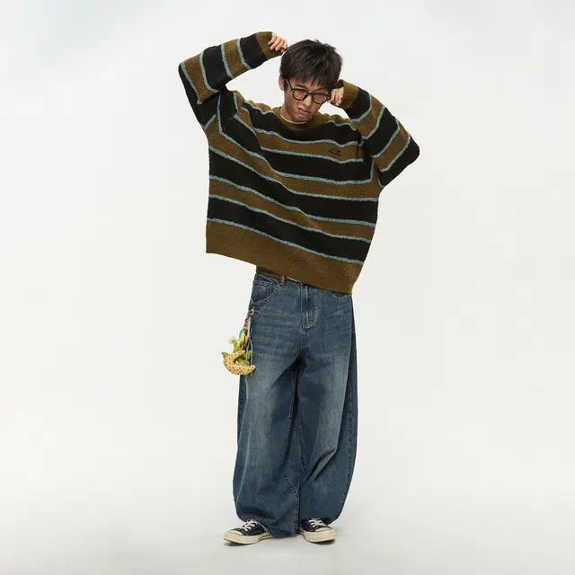 江南先生 复古风百花绒保暖刺绣条纹宽松秋季多色针织毛衣 男女同款