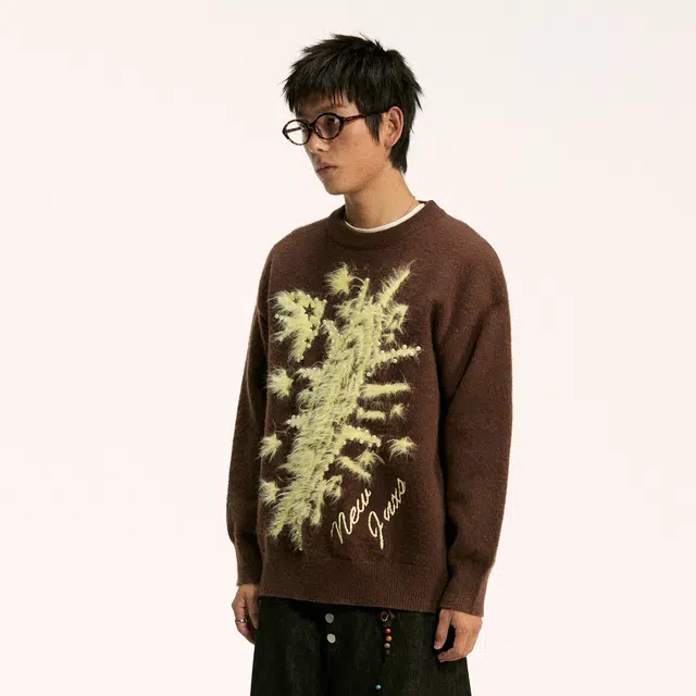 江南先生 流浪者之歌 慵懒感柔软舒适圆领仿貂毛提花钉珠宽松外穿百搭秋毛衣 男女同款